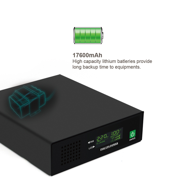 SKE 100-240Vac Single Phase 17600mAh 60W Lithium DC Mini POE UPS Battery 0ms Transfer Multi-Function LCD Router Modem CCTV