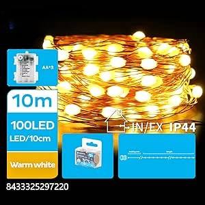 Guirlande lumineuse LED avec fil de cuivre, pile 3AA, blanc chaud, 10 m - idéale pour décorer les intérieurs et les extérieurs - Product Image 1