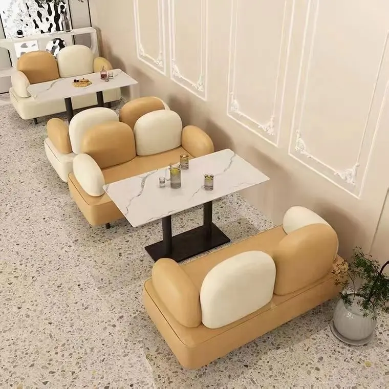 OEM furnitur restoran Nordic Modern kulit PU Sofa Booth logam meja makan dan kursi Set kedai kopi kursi untuk Kafe