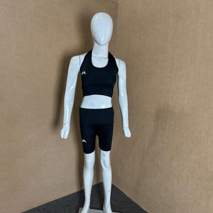 Black 2 Piece Yoga <b>Set</b> Scoop Neck Racerback Crop <b>Top</b> High Waist <b>Shorts</b> Seamless Quick Dry Solid Pattern - Product Image 1
