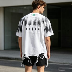 T-shirt en coton surdimensionné pour homme, manches courtes, col rond, ourlet effiloché, style streetwear, vêtements décontractés pour homme - Product Image 6