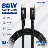 Cable USB-C a USB-C de 1.5m, Negro, Nylon, PD60W, 3A, Carga Rápida, Cobre Estañado, para Teléfono Móvil, Computadora y Tablet, 1 Unidad