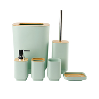 Ensemble d'accessoires de salle de bain de luxe en bambou et plastique, 6 pièces, design moderne : poubelle, distributeur de savon, porte-savon, brosse de toilette, porte-brosse à dents