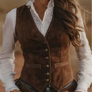 <span class=keywords><strong>Gilet</strong></span> Vintage Primaverile 2026 in Stile Western con Bottoni per <span class=keywords><strong>Donna</strong></span>, <span class=keywords><strong>Gilet</strong></span> Senza Maniche in Camoscio <span class=keywords><strong>Marrone</strong></span> da Cowboy - Product Image 3