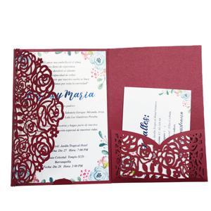 Carte d'invitation coupe Laser pour <span class=keywords><strong>mariage</strong></span>, carton de vœux avec invités triple pli couleur bordeaux, 1 pièce, pour décoration de fête d'anniversaire, nouvelle collection - Product Image 1
