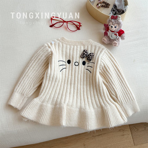 Tongxingyuan Girls Knit Sweater With Cat Face And Bow Ruffle Hem For Spring Autumn - Product Image 1