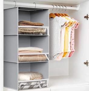3棚ハンギングクローゼットオーガナイザーフロントストッパーグレー折りたたみ式衣類工具収納リネン布 - Product Image 2