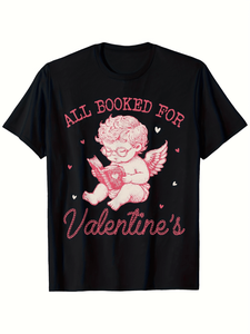 T-shirt San Valentino Cupido che legge per amanti dei libri e insegnanti, girocollo, manica corta, 100% cotone, stampata, casual, unisex, primavera estate - Product Image 1
