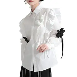 Women's Fall Clothing 2023 New Three-dimensional Floral Blouse Clothes Women Lapel Drawstring Slimming White Crop Tops 2695