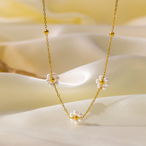 XIXI Handmade <strong>Beaded</strong> Chain Flower Pearl <strong>Necklace</strong> Clavicle Chain Jewelry Bracelet <strong>Necklace</strong> Earrings Set - Product Image 6