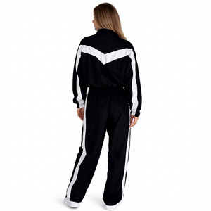 Women's Black <b>White</b> Stripe Sporty Tracksuit Set Full Length Loose Fit Satin Fabric All Seasons Wear Turn-down Collar Windbreaker - Product Image 2