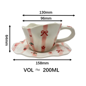 Juego de Taza y Platillo de Cerámica Hechos a Mano con Diseño de Lazo y Flor, 200 ml, Taza de Porcelana Irregular para Regalo, para Latte o Té - Product Image 5