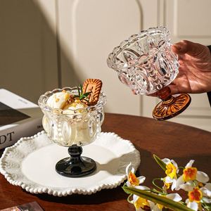 Verre à dessert vintage gaufré sur pied, bol à glace, yaourt, pouding, mousse, verrerie esthétique pour la maison, le café et les fêtes - Product Image 1