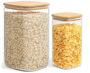 Luxury 50oz Large Glass Storage Square Containers With Airtight Bamboo Lids For Rice Sugar Pasta Cookies Coffee Beans