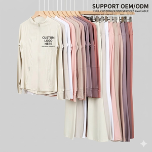 Set Personalizzato con Logo per Donna: Giacca Yoga e Leggings <span class=keywords><strong>a</strong></span> Zampa, OEM, Vestibilità Slim, Top con Cerniera, Vita Alta, Completo Fitness <span class=keywords><strong>a</strong></span> <span class=keywords><strong>Costine</strong></span> - Product Image 1