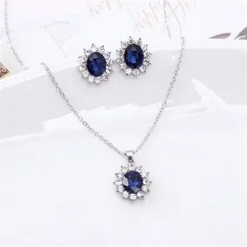 Venda quente azul cristal cheio strass pingente colar e brincos jóias conjunto atacado