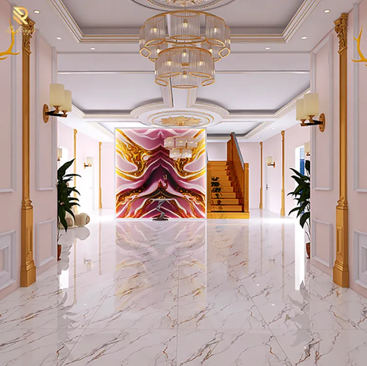 Große große Marmor optik Porzellan poliert glasierte Platten Gold Korridor Fliesen Designs kontinuierliches Muster lila rosa Onyx platte