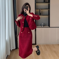 Ensemble élégant pour femme, nouvelle collection automne, style rétro, avec franges, petit coupe-vent, jupe mi-longue, ensemble deux pièces en feutre épais
