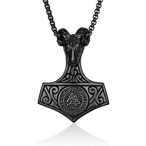 Viking Ram Head Thor Hammer <b>Titanium</b> Steel Necklace Unisex Pendant Gift Geometric Animal Design - Product Image 5