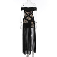Robe en maille ajourée en gros, robe à épaules dénudées, logo personnalisé, robe élégante et tendance, directement de l'usine