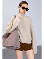 100% Reiner Kaschmir Vintage Anti-Falten Flauschiger Rollkragenpullover Grobstrick-Pullover für Damen Übergroß mit Abfallender Schulter und Gerippten Bündchen