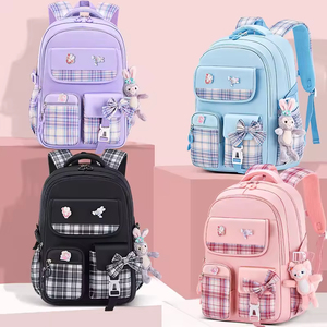 1-3-6 Grade Primary <b>School</b> Girls' Plaid Bow <b>Large</b> Capacity Spine Protection Lightweight Waterproof Double-Shoulder <b>Backpack</b> - Product Image 4