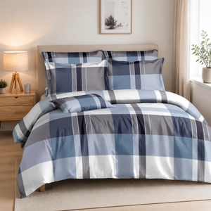 Ensemble de literie moderne à carreaux bleu-gris en stock en Pologne, housse de couette à carreaux pour la livraison directe en UE, 3 pièces de linge de lit - Product Image 4
