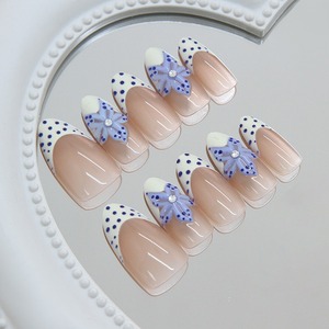 Z1390 Eisblau Blumenmuster Polka Dot French Press-on Nägel Großhandel <span class=keywords><strong>Nude</strong></span> Beige INS Style Premium <span class=keywords><strong>ABS</strong></span> Sofort Lieferbar - Product Image 3