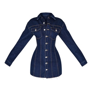 Vestido camisero vaquero de mujer personalizado, lavado oscuro, con botones, manga larga, corte mini en A, venta al por mayor - Product Image 5