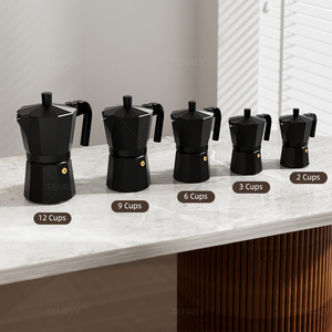 Cafetière Moka électrique Tenrey Classic Style italienne, en aluminium noir, pour 2/3/6/9/12 tasses, compatible avec les cuisinières électriques. - Product Image 4