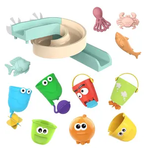 新款婴儿水滑梯沐浴玩具11件套塑料墙壁轨道建筑婴儿淋浴玩具套装，带浴缸玩具吸盘