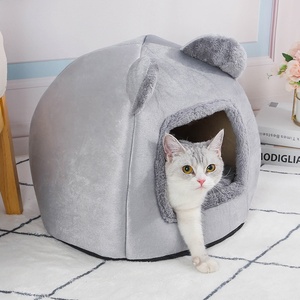 安抚舒适柔软的猫洞穴床，配有可拆卸可洗靠垫枕头 - Product Image 6