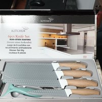 Fabrieksset van 6 roestvrijstalen messen met laserlogo, inclusief groente- en fruitmes, keukenmes en schilmes voor vlees en fruit.