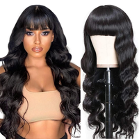 Perruque brésilienne lisse haute densité, super double drawn, sans colle, avec frange en dentelle marron clair, longue, en cheveux humains