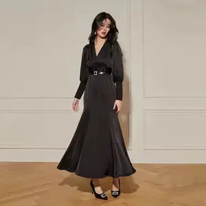 Manches Bouffantes Satin Dames Ruché Col V Robes De Soirée Plissée Élégante Moulante Maxi Robe Femmes