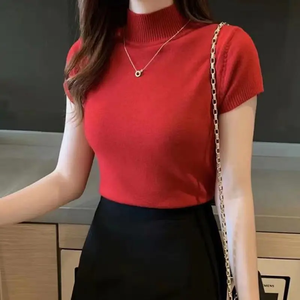 El mejor suéter de manga corta con Cuello medio alto para mujer, camisa de fondo de verano y otoño para mujer con un Top corto fino interior - Product Image 1