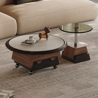 Ensemble de table basse ronde moderne avec plateau en pierre nano-microcristalline embossée, table de rangement en placage de bois avec table d'appoint