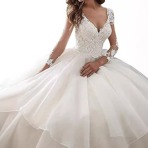 Wedding Dress Ball Gown V-Neck Long Sleeve Backless Princess Waist <b>Floor</b> Length Trail Style For Women - Product Image 2