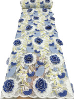 Tissu en dentelle guipure 3D à base jaune NI.AI, motif floral bleu et blanc, broderie ajourée, pour mariage africain, fête et soirée