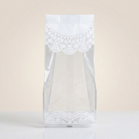 Sacs de boulangerie à fond plat en plastique translucide avec soufflet latéral à motif dentelle blanche thermoscellable pour l'emballage de biscuits, de bonbons et de friandises