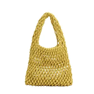 Travel Beach Fishing Net Handbag Woven Shoulder Bag Cotton Rope Macrame Bag Mesh Net Beach Bag Crochet Knit Purse for Women