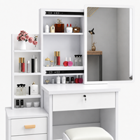 Ensemble Coiffeuse et Chaise de Maquillage Moderne à LED pour Chambre, Miroir Réglable en Luminosité, 3 Couleurs au Choix, 4 Tiroirs, en MDF Blanc