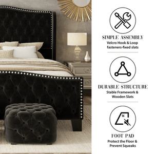 Struttura letto in legno massello con tessuto in velluto nero per camera da letto e arredamento domestico - Product Image 3