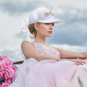 Casquette de baseball ajustable pour mariée avec voile, broderie dorée, pour queue de cheval, en polyester, pour fête nuptiale - Product Image 4