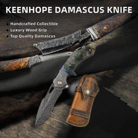 Couteau pliant KEENHOPE Premium en acier Damas forgé à la main, 22 cm, avec poignée en Damas et garde en Timascus, manche en ébène.