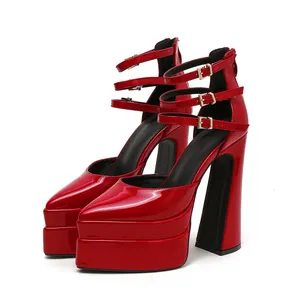 Women Pumps Pointed Toe Chunky Heels Ultrahigh 14cm Double Platform Sandals Hill Buckle Straps Party Shoes Big Size 42
