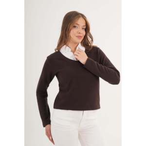 Chemisier à col tricoté marron pour femme, décontracté, pour tous les jours, avec contraste de couleurs - Product Image 3