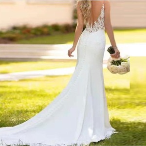 Elegant V Neck Mermaid Wedding Dress Ivory <b>White</b> <b>Lace</b> Backless Natural Waistline Spring Bridal Gown - Product Image 1