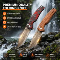 Couteau pliant original en laiton Damas, couteau de poche utilitaire haute dureté, manche en bois/fibre de carbone, couteaux de camping et de chasse DM033