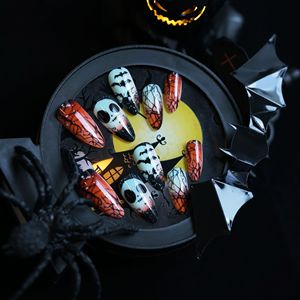Faux <span class=keywords><strong>ongles</strong></span> à presser Halloween Crâne, forme amande moyenne, motif chauve-souris et toile d'araignée, ombré noir et <span class=keywords><strong>orange</strong></span>, en acrylique pour femmes - Product Image 2